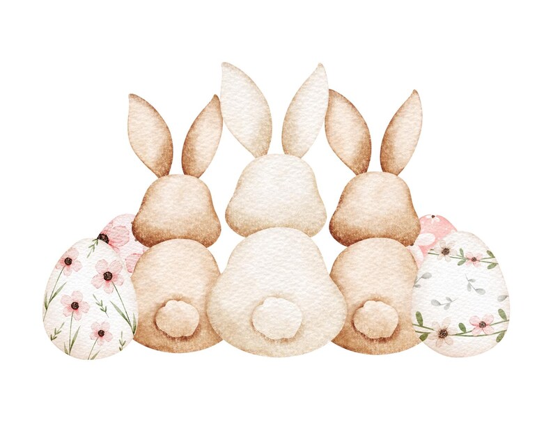 K&ouml;nnte beinhalten: Aquarellillustration von drei Osterhasen, die von hinten betrachtet werden. Die Hasen sind hellbraun und wei&szlig;. Zwei Ostereier mit rosa Blumenmustern befinden sich im Vordergrund.