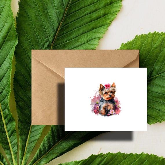 Yorkie Yorkshire Terrier Dog Floral Note Cards Set with Kraft Envelopes included - Gift for yorkie dog lovers