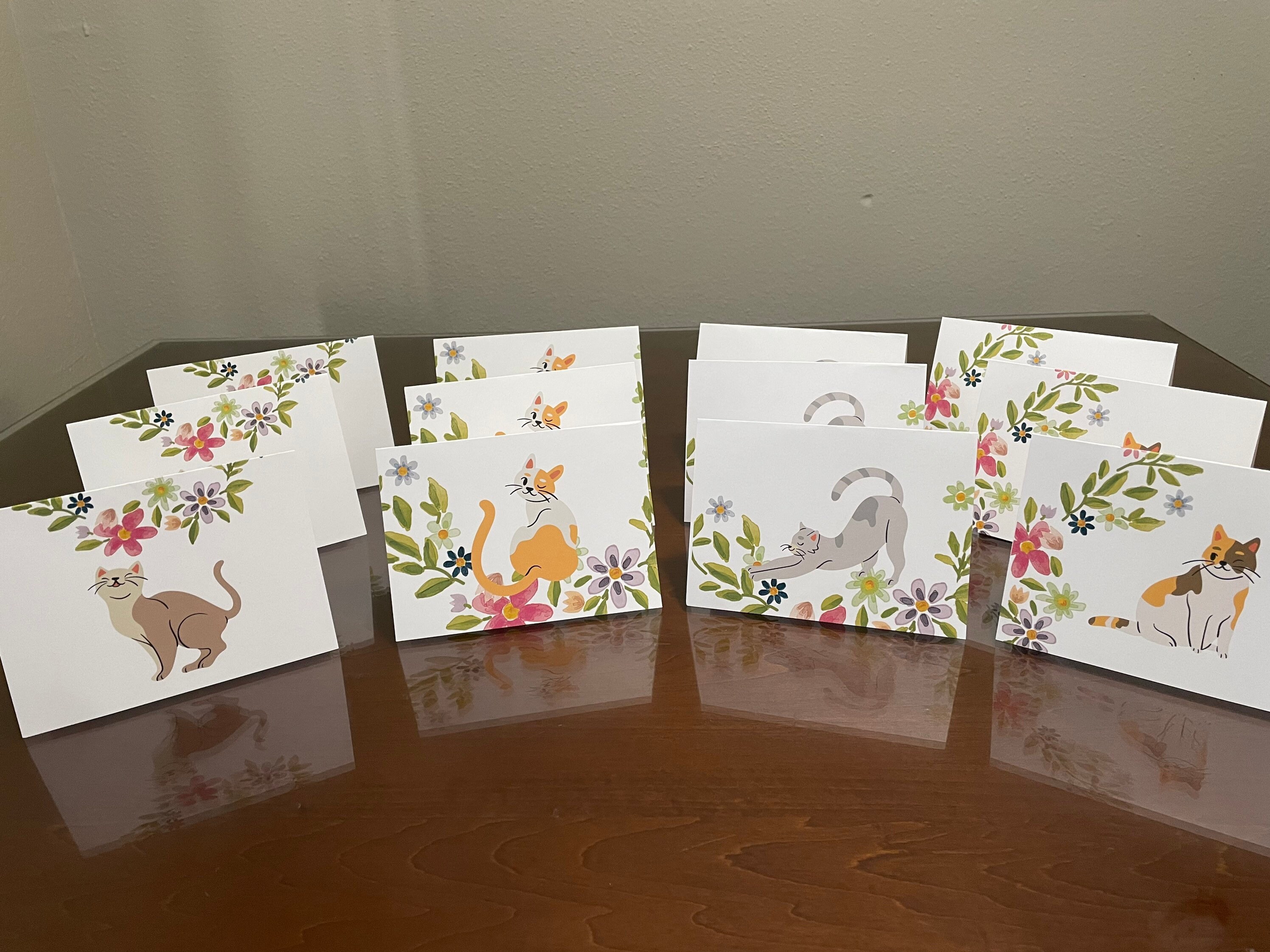 Cat Greeting Card Set, Floral Blank Note Cards With Envelopes Set of 12 ...
