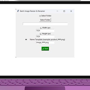May include: A digital tablet displaying a software interface for batch image resizing and renaming. The interface includes fields for selecting a folder, setting width and height to 1024 pixels, and defining a name template. A green "Start" button is visible.