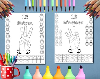 Pagine da colorare con i numeri ASL da 0 a 20: fogli di lavoro sulla lingua dei segni (download digitale)