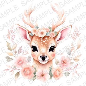 May include: Watercolor illustration of a fawn with large, dark eyes, adorned with a floral crown and surrounded by a wreath of flowers and foliage. The fawn has a light brown coat with white spots and pink accents.