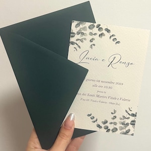 Partecipazione GARDEN, partecipazione nozze con busta verde scuro, carta martellata, ceralacca