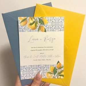 Partecipazione CAPRI, partecipazione nozze con busta carta da zucchero o giallo senape, carta martellata, ceralacca