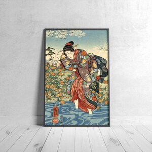 Póster japones, El río Ide Tama por Utagawa Kuniyoshi, Cartel vintage, Arte de pared, Regalo para ella, Arte de Japón, Kimono, Flores
