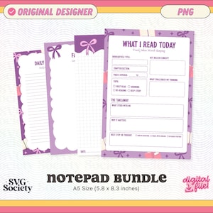 Puede incluir: Un paquete de blocs de notas con un borde rosa y amarillo. El paquete incluye tres blocs de notas con diseños morados y blancos. Un bloc de notas es para notas diarias, otro para ficción y el tercero para el seguimiento de la lectura. El texto "WHAT I READ TODAY" es visible.