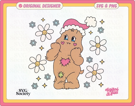 Saddie Christmas Bear SVG PNG File, Cute Trendy Christmas Bear Wearing Santa Hat With Flowers & Snowflakes Design for Commercial Use