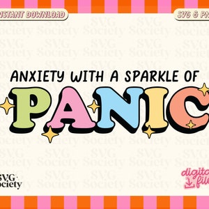 Könnte beinhalten: Ein digitaler Download eines Grafikdesigns mit dem Text "Angst mit einem Funkeln von Panik" im Retro-Stil mit bunten Buchstaben und Sternen. Der Text befindet sich in einem weißen Kasten mit einem rosa-orangenen gestreiften Rand.