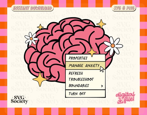 Cute Brain Mental Health SVG PNG Design for T-Shirts, Mugs, Stickers, and Tote Bags - Commercial Use