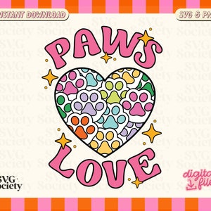May include: A pink heart filled with colorful paw prints, surrounded by the words "PAWS LOVE" in a retro style font. The design includes small yellow stars.