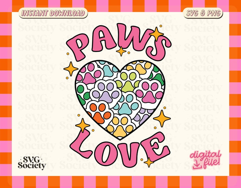 May include: A pink heart filled with colorful paw prints, surrounded by the words "PAWS LOVE" in a retro style font. The design includes small yellow stars.