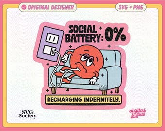 Batería social cero / Archivo SVG PNG / Diseño de arte de personaje retro introvertido divertido para calcomanías, camisetas, productos, manualidades, etc.