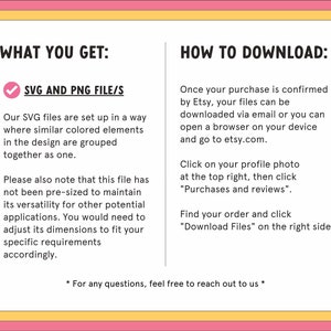 May include: A pink and yellow graphic with the text "WHAT YOU GET: SVG AND PNG FILE/S" and "HOW TO DOWNLOAD:" with instructions on how to download digital files from Etsy.