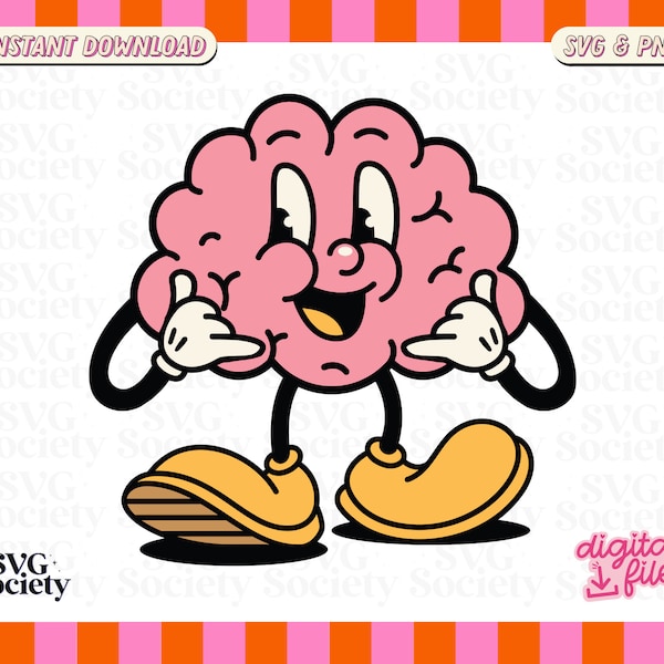 Cute and Cool Brain Retro Cartoon Character SVG PNG Mental Health Design for T-Shirts, Mugs, Stickers, and Tote Bags - Commercial Use
