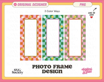 May include: A digital photo frame design with three color variations: orange and pink checkered, green and blue checkered, and pink and white checkered. Each frame is rectangular with a border of smiley faces and flowers. The text "PHOTO FRAME DESIGN" is at the bottom.