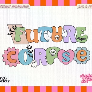 Könnte beinhalten: Ein farbenfrohes digitales Design mit dem Text "FUTURE CORPSE" in einem verspielten Cartoon-Stil. Die Buchstaben sind mit Fledermäusen, Geistern und Schädeln verziert und schaffen ein gruseliges und skurriles Halloween-Thema.