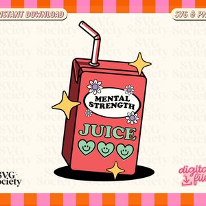 Puede incluir: Una caja de jugo rosa con una pajita, corazones y el texto "Mental Strength Juice" en un c&iacute;rculo blanco.