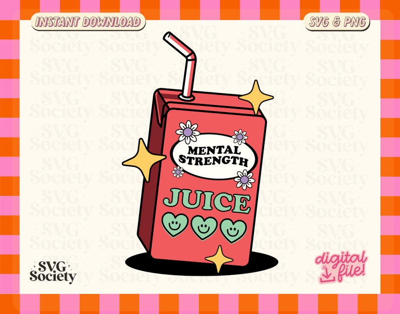 Puede incluir: Una caja de jugo rosa con una pajita, corazones y el texto "Mental Strength Juice" en un c&iacute;rculo blanco.