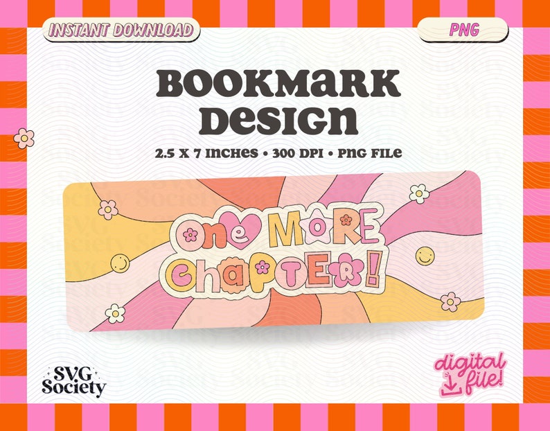 K&ouml;nnte beinhalten: Ein pinkfarbenes und gelbes Lesezeichen-Design im Retro-Stil der 70er Jahre. Das Lesezeichen hat ein wellenf&ouml;rmiges Design mit einem Herzen und Blumen. Der Text auf dem Lesezeichen lautet "One More Chapter!"