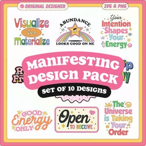 Pode incluir: Uma coleção de dez designs digitais com uma estética retro. Os designs apresentam frases como "Visualize then Materialize", "Abundance Looks Good on Me" e "Manifesting Design Pack". A paleta de cores inclui rosa, amarelo, verde e laranja.