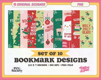May include: Set of 10 Christmas-themed bookmark designs featuring illustrations of books, ornaments, snowflakes, and holiday greetings. Each bookmark is 2.5 x 7 inches and 300 DPI.
