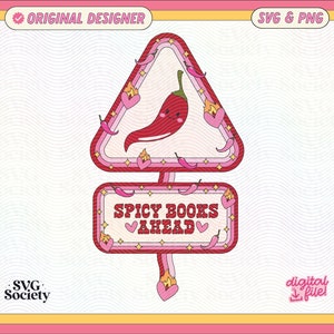 Plik SVG PNG „Spicy Books Ahead”: Modny projekt książkowy (pobieranie cyfrowe)