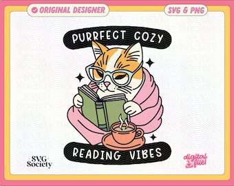 Bookish Cat Reading SVG PNG: Cozy Pet Lover Design (digitaal bestand)