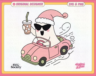 Cute Driving Christmas Ghost SVG PNG File Trendy Artsy Design for Graphic Tee Shirts, Stickers, Cups, Motel Keychains, Tote Bags Etc.