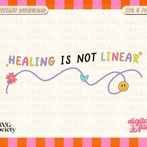 Puede incluir: Un diseño de archivo digital con el texto "HEALING IS NOT LINEAR" en letras coloridas y juguetonas. El diseño incluye una línea morada caprichosa con una flor, un corazón y una carita sonriente. El fondo es beige claro con un borde a cuadros rosa y naranja.