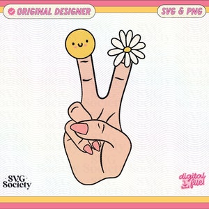 May include: A yellow smiley face and a white flower on two fingers making the peace sign. The fingers are pink and the background is white with a wavy pattern.
