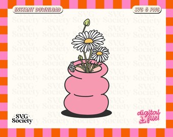 May include: A pink ceramic vase with a wavy design, filled with white daisies. The vase is sitting on a white background.