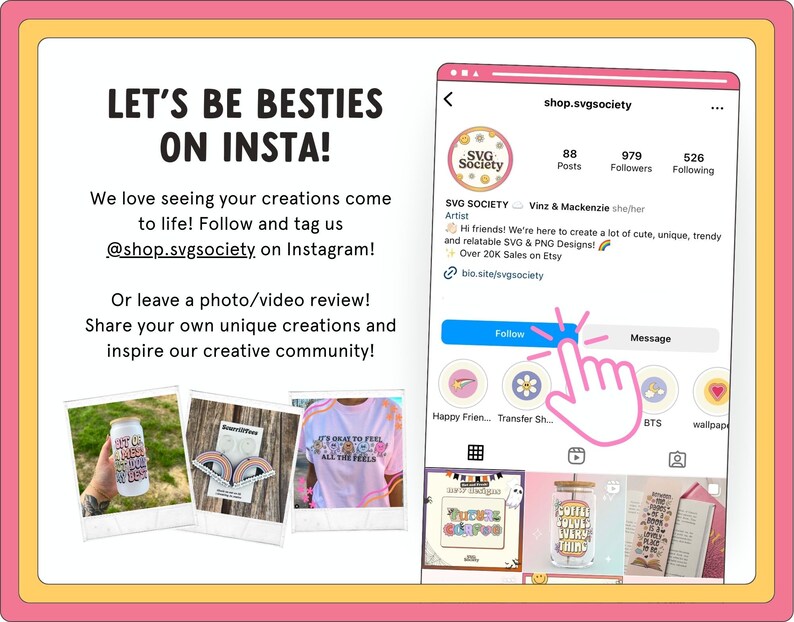 May include: A graphic with the text "Let's Be Besties On Insta!" and a call to action to follow and tag the shop on Instagram. The graphic also includes a screenshot of the shop's Instagram profile, which shows the shop's name, number of posts, followers, and following. The shop's bio includes a link to their website.