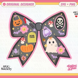 May include: A Halloween-themed bow design with a black background. It features illustrations of pumpkins, ghosts, bats, and a skull. The design includes the text "DEAD TIRED" and "SVG Society". The design is a digital file.