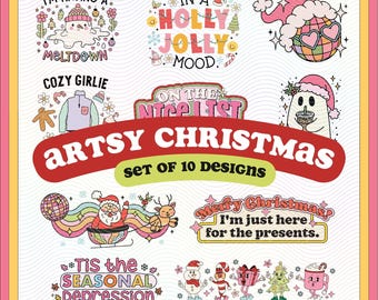 Artsy Christmas Bundle Set of 10, SVG PNG Files Trending Christmas Holidays Designs for Graphic T-shirts, Stickers, Mugs, Tote Bags Etc.