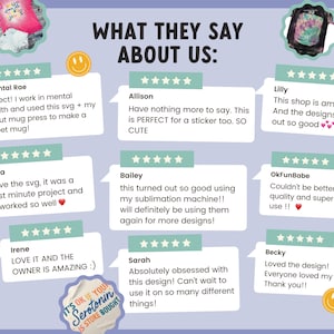 May include: A collage of customer reviews for a shop selling digital designs. The reviews are positive and highlight the quality of the designs and the ease of use. The text includes phrases like "amazing", "perfect", "super easy to use", and "love the design".