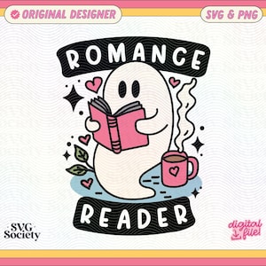 Op de afbeelding: Een witte geest leest een roze boek met de tekst "Romance Reader" in zwart. De geest houdt een kopje koffie vast met stoom die eruit komt. Er zijn roze harten en sterren rond de geest.