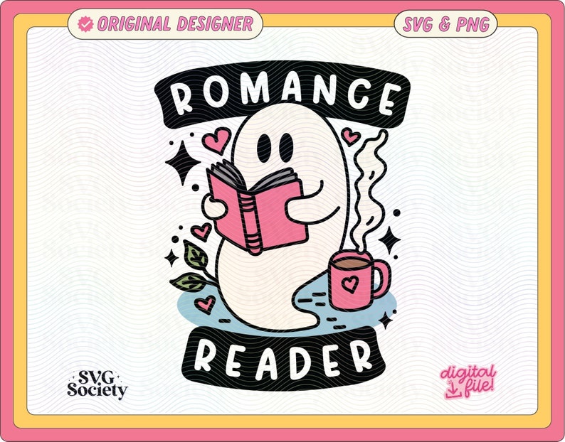 Op de afbeelding: Een witte geest leest een roze boek met de tekst "Romance Reader" in zwart. De geest houdt een kopje koffie vast met stoom die eruit komt. Er zijn roze harten en sterren rond de geest.