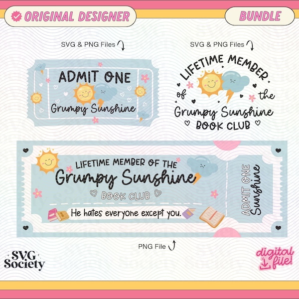 Grumpy Sunshine Bundle SVG and PNG File, Cute Trendy Bookish Design for Stickers, Shirts, Bookmarks, Mugs, Tote bags, Keychains & More