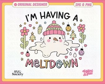 May include: A digital illustration of a melting snowman with the text "I'm having a meltdown" in colourful letters. The snowman is wearing a pink and green hat and has a sad expression. The background is pink with a wavy pattern.