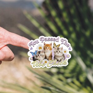 Op de afbeelding: Een sticker met drie kittens en vlinders, omringd door bloemen. De tekst op de sticker luidt "You Passed The Vibe Check".