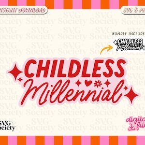 Könnte beinhalten: Ein digitales Design in Rosa und Rot mit dem Text "CHILDLESS Millennial" in fetter, roter Schrift. Das Design enthält kleine Herzen, Sterne und eine Blume.