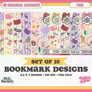Könnte beinhalten: Set mit 10 Lesezeichen-Designs, jeweils 6,35 cm x 17,78 cm groß. Die Lesezeichen zeigen verschiedene Themen, darunter Romantik und Fantasy. Designs beinhalten Bücher, Schleifen und andere dekorative Elemente. Der Text "Original Designer" und "SVG Society" sind ebenfalls sichtbar.