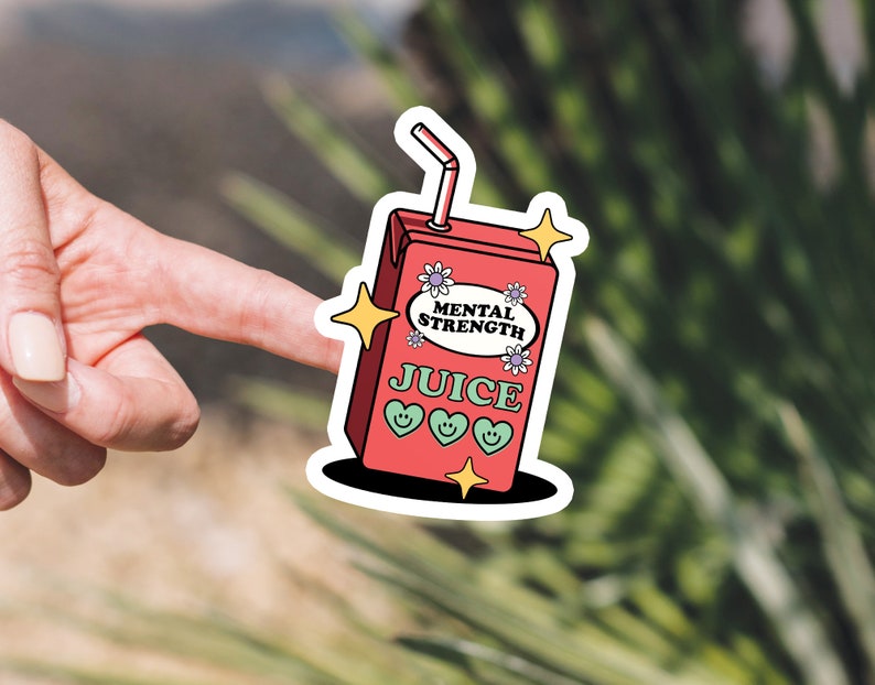 Puede incluir: Una pegatina de una caja de jugo roja con una pajita, flores y el texto "Mental Strength Juice".