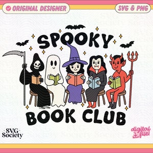 This design features a "Spooky Book Club" with the Grim Reaper, ghost, witch, vampire, and devil, all reading books. Ideal for Halloween products like shirts, mugs, and tote bags, blending spooky and literary themes.