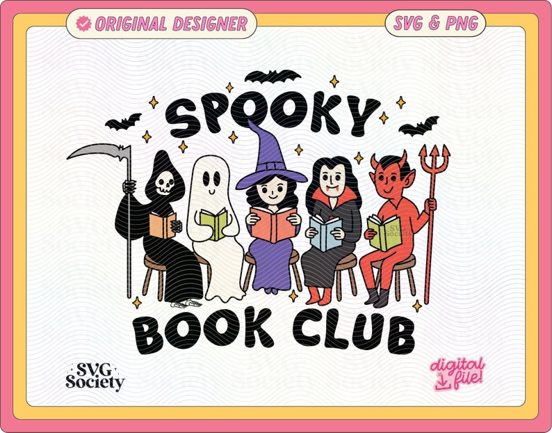 This design features a "Spooky Book Club" with the Grim Reaper, ghost, witch, vampire, and devil, all reading books. Ideal for Halloween products like shirts, mugs, and tote bags, blending spooky and literary themes.