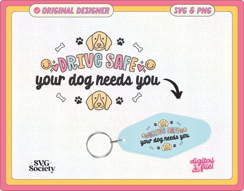 May include: A blue and pink key chain with a dog and the text "Drive Safe your dog needs you".