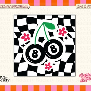 May include: A black and white checkered background with two cherries, each with a number 8 on them. The cherries are green with pink flowers.