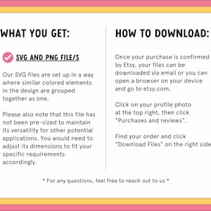 May include: A digital download graphic with text. The text includes "WHAT YOU GET: SVG AND PNG FILE/S" and "HOW TO DOWNLOAD:" with instructions on downloading files from Etsy. The background is white with pink, yellow, and white borders.