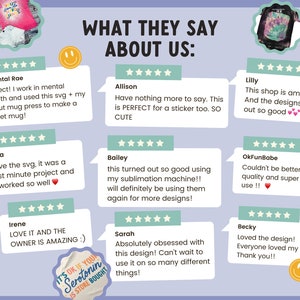 May include: A collage of customer reviews for a shop selling digital designs. The reviews are positive and highlight the quality of the designs and the ease of use. The text includes phrases like "amazing", "super easy to use", and "love the design".