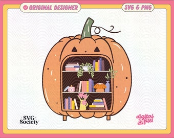 Pumpkin Bookshelf SVG PNG File, Cute Fun Trendy Bookish Halloween Design for Shirts, Stickers, Bookmarks, Tote Bags & More - Commercial Use